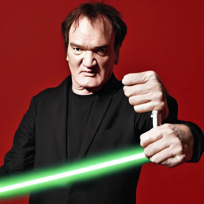 Prompt: quentin tarantino raising a lightsaber with his right hand, giving his thumb up! with his left hand. without characters. green and black background. cinematic trailer format.