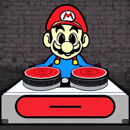 Image similar to svg sticker of a Pop-Wonder SuperMario, Mario-Wearing-a-red-hat, at a rave, spinning records, giant headphones rocking out, wearing headphones, huge speakers, dancing, rave, DJ, spinning records, digital art, amazing composition, rule-of-thirds, award-winning, trending on artstation, featured on deviantart