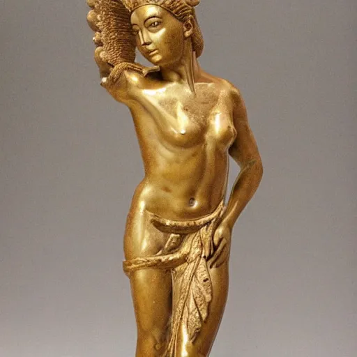 Prompt: marble statue with gold trim of an amazonian warrior woman, grecian