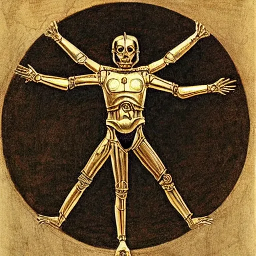 Prompt: c 3 po as the vitruvian man, drawing by leonardo da vinci, pencil