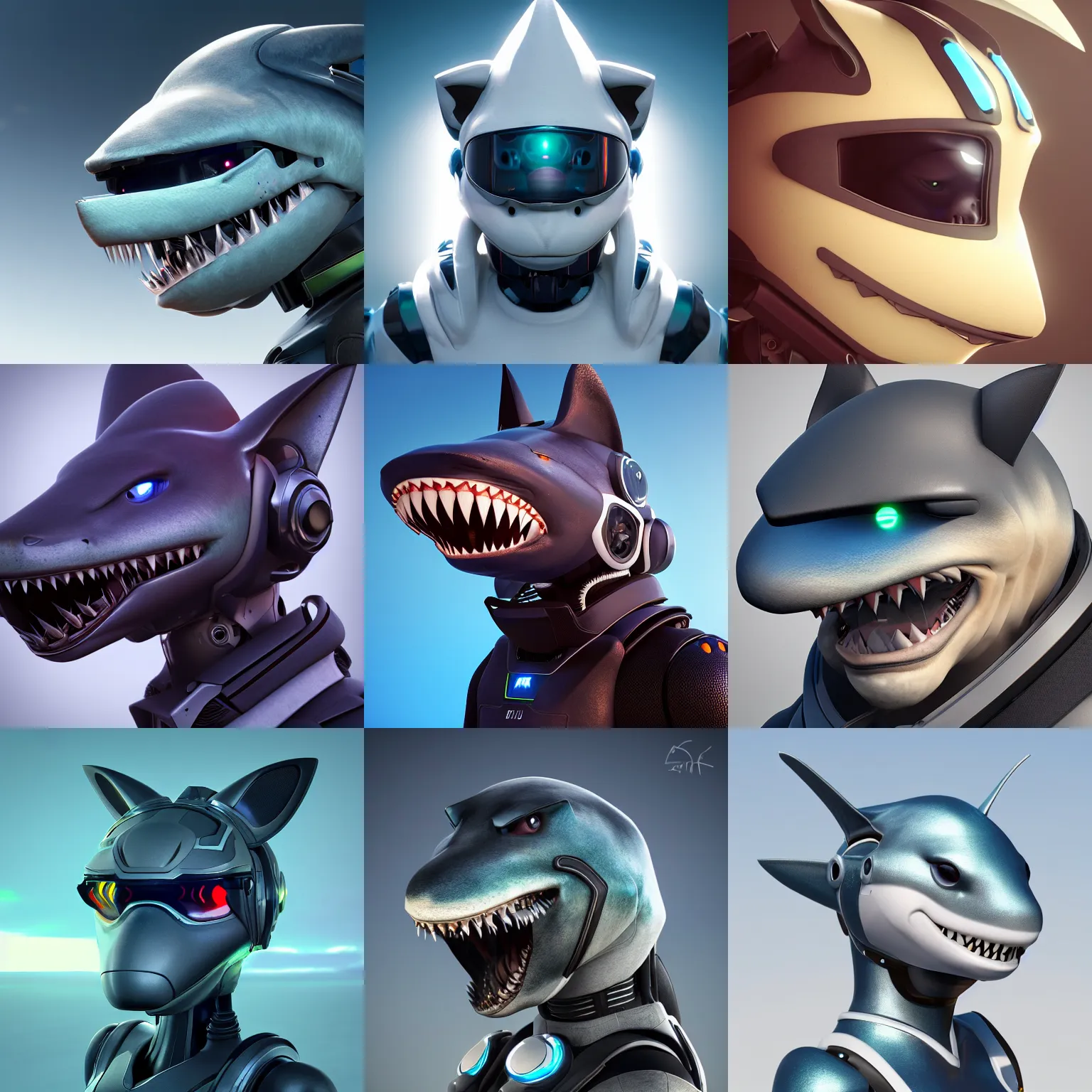 Prompt: very very beautiful furry art, bust profile picture of a robotic anthro shark, visor screen for face, snout under visor, commission on furaffinity, cgsociety, octane render