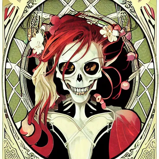 Prompt: anime manga skull portrait marvel batman comic skeleton illustration style by Alphonse Mucha pop art nouveau