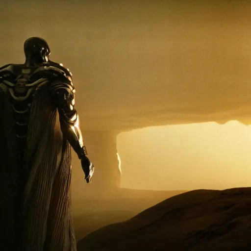 Image similar to a male humanoid giant with skin that looks like black and white porcelain, the giant is wearing a golden armor and his back has wings made of electricity, the giant has a thurible in his hand, cinematic detailed dune movie still