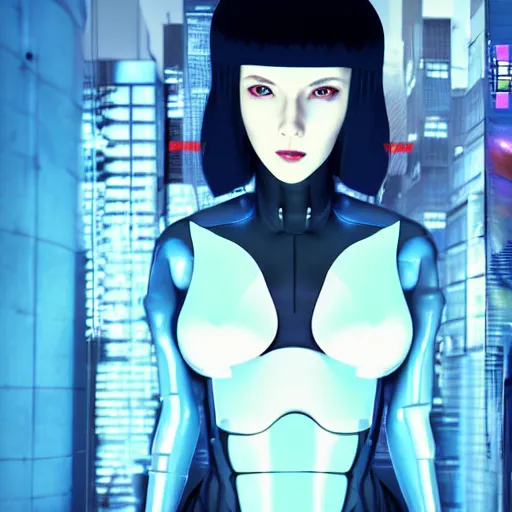 Image similar to ghost in the shell inspired avant-garde art, deco fashion, highly detailed, photorealistic portrait, bright studio setting, studio lighting, crisp quality and light reflections, unreal engine 5 quality render