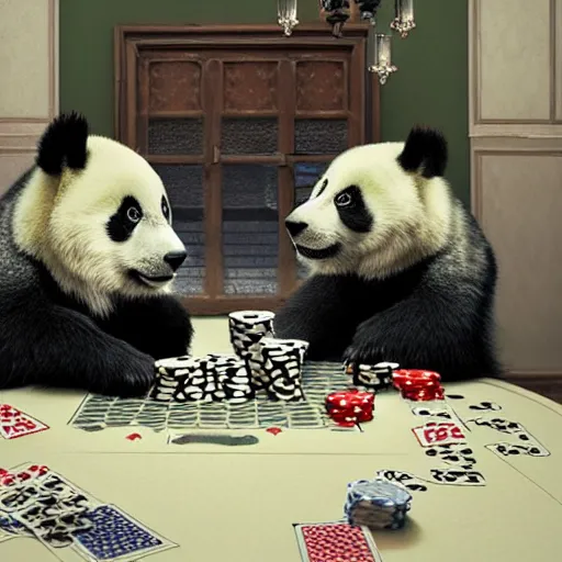 Prompt: panda and wolf playing poker by greg rutkowski and thomas kinkade, trending on artstation, 3 d render octane