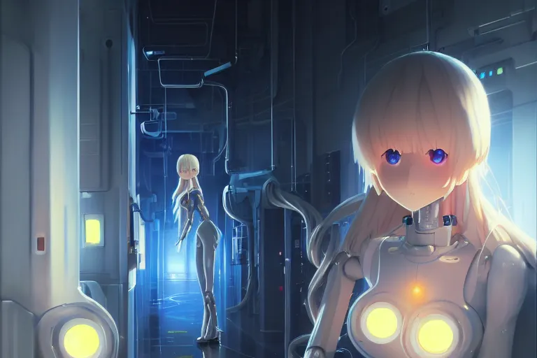 Image similar to datacenter room connects cables young robot server android baroque oil painting finely detailed perfect face flowing long fiberoptics blonde hair robot eyes blue. anime shinkai takeuchi key visual of character concept art metal female robot body suit pixiv fanbox, painted by greg rutkowski