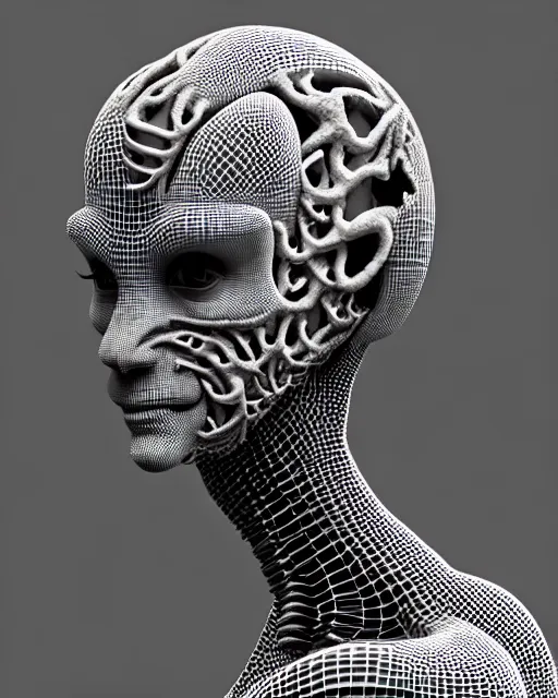 Image similar to a black and white 3D render of a young beautiful female queen-dragon-cyborg bust with a very long neck and a partial Mandelbrot fractal face, anatomical, flesh, facial muscles, veins, arteries, elegant, highly detailed, flesh highly ornate, cable wires, elegant, high fashion, rim light, octane render, in the style of H.R. Giger, Realistic, Refined, Digital Art, Highly Detailed, Cinematic Lighting, rim light, black and white, photo-realistic, 8K