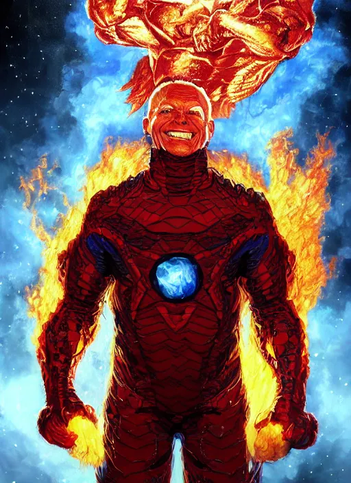 Prompt: bill burr in a superhero costume surrounded by a raging firestorm, cosmic horror painting, elegant intricate digital painting artstation concept art by mark brooks and brad kunkle detailed