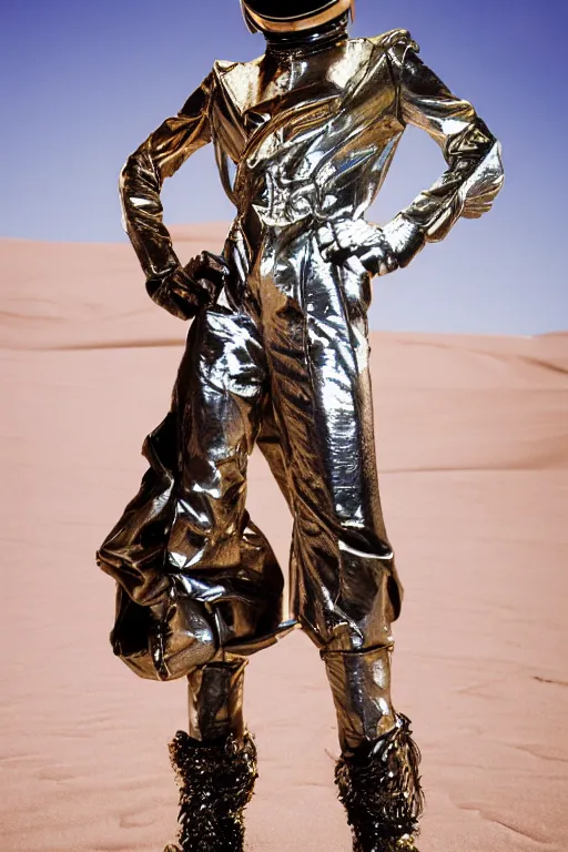 Image similar to portrait davis taylor brown dressed in 1 9 8 1 space fantasy fashion, avante garde, shiny metal, standing in a desert