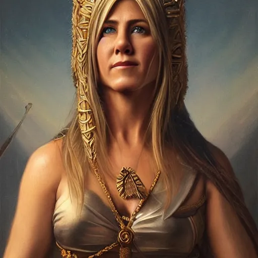 Prompt: the portrait of jennifer aniston as amazon in an intricate dress by roberto ferri, fantasy, witcher, very detailed oil painting, masterpiece, 8 k