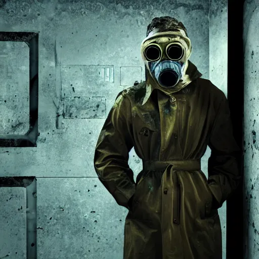 Prompt: UHD hyperrealistic photorealistic detailed image of a man in a rugged, worn trench coat wearing a gas mask, standing in front of an laboratory door, in a ruined and dark underground lab, readying himself for combat with a green undertone, inspired by the Stalker video game series