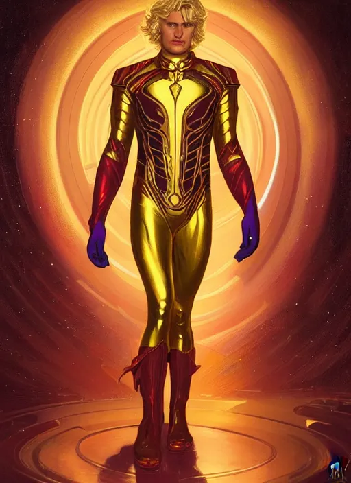 Prompt: portrait of Marvel's Adam Warlock, gold sci-fi armour, tech wear, glowing lights!! sci-fi, intricate, elegant, highly detailed, digital painting, artstation, concept art, smooth, sharp focus, illustration, art by artgerm and greg rutkowski and alphonse mucha