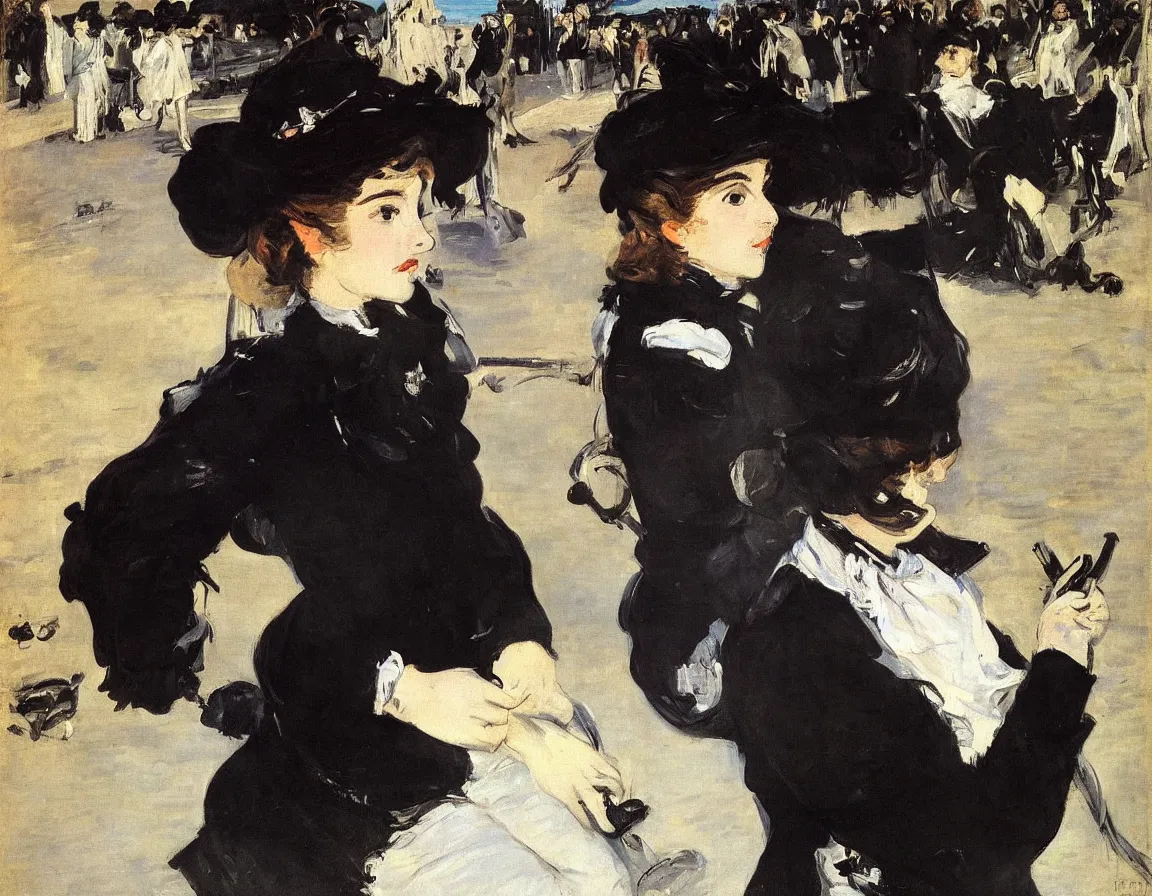 Image similar to edouard manet. a wide portrait of a marie from the side all dressed in black on a motorcycle on a highway looking over her shoulder towards us. blue sky. there is another motorcycle blurred in the background. precise thin brush strokes. expressive. emotional. modern.