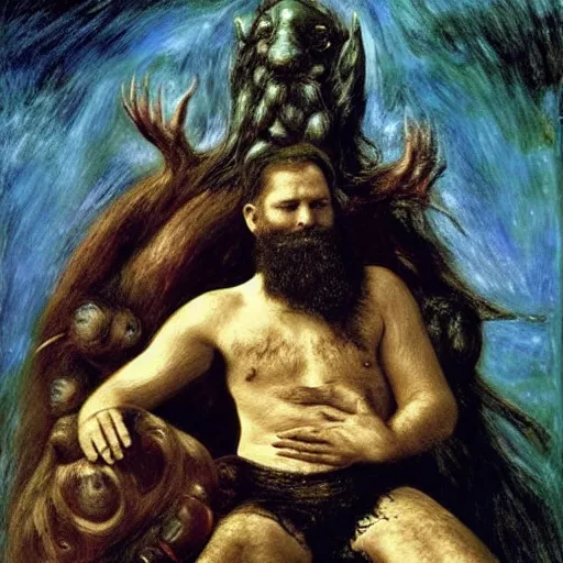 Image similar to by bill henson, by pierre - auguste renoir dark exciting. a mixed mediart of a mythological scene. large, bearded man seated on a throne, surrounded by sea creatures. he has a trident in one hand & a shield in the other. behind him is a large fish. in front of him are two smaller creatures.