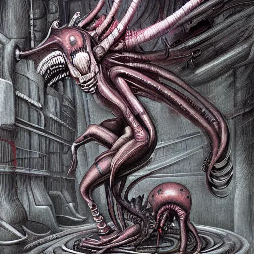 Image similar to detailed painting of a hybrid between a xenomorph and a my little pony, in the style of h r giger and wayne barlowe