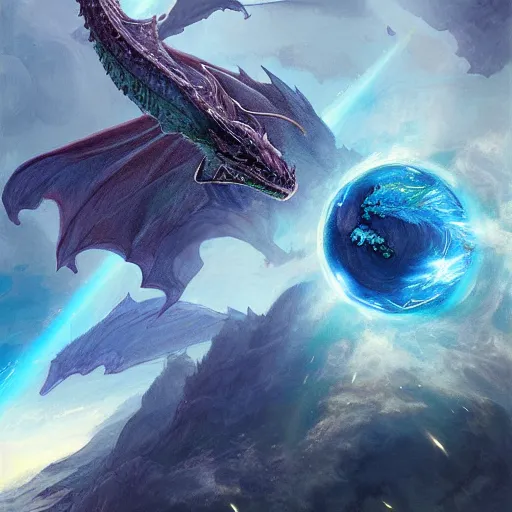 Prompt: Blue scaled dragon devouring an earth like planet while flying in space, mythical dragon, European four-legged dragon, sun system, nebula, oil painting, by Fernanda Suarez and Edgar Maxence and Greg Rutkowski
