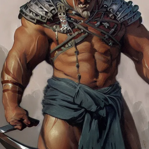 Prompt: frost goliath, with a two handed axe, tribal tattoos on his face and arms, very muscular, large fists, fantasy, d & d, by alphonse mucha, adolfo hohenstein, alice russell glenny, stanley artgerm lau, greg rutkowski, detailed 4 k, trending on artstation, smooth, sharp focus