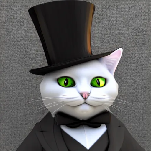 Image similar to a cat wearing a top hat and a bow tie, an ambient occlusion render by anne stokes, polycount contest winner, new objectivity, daz 3 d, rendered in maya, sketchfab