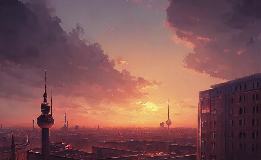 Prompt: painting of skyline of berlin at sunset, natural light, concept art, by greg rutkowski, cozy atmospheric and cinematic lighting