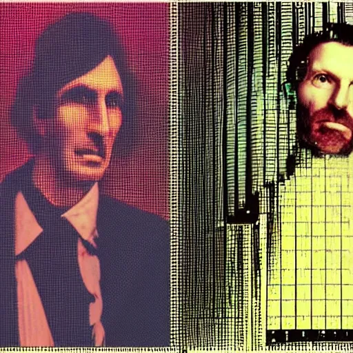 Image similar to Nikola Tesla and Aphex Twin on the moog synthesizer, rolling stones cover