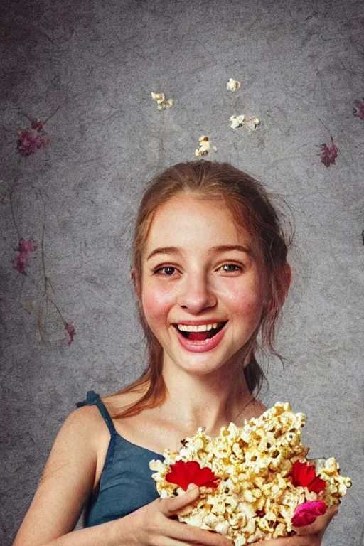Prompt: portrait ancient of a happy girl, lots of flowers and popcorn around, hyperrealistic, medieval style