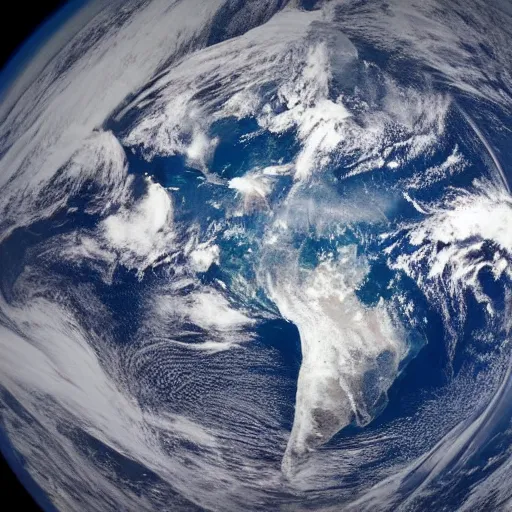 Prompt: pov without fisheye distortion of a giant looking down the earth from above the earth atmosphere