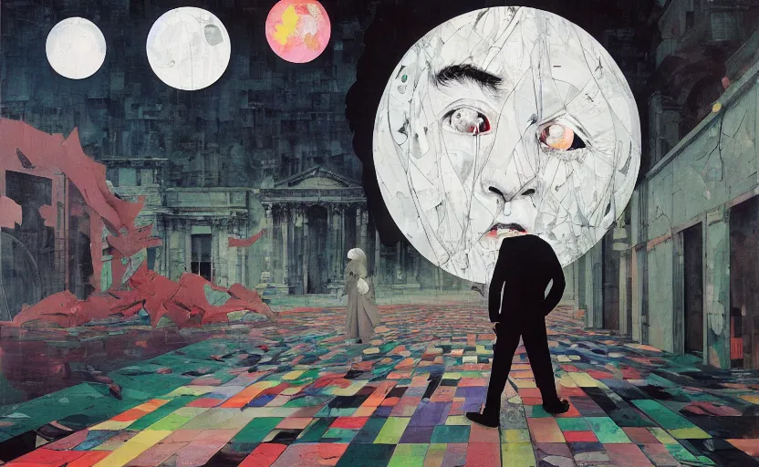 Image similar to decollage painting old white - headed man under the huge moon on a street of ruined city by adrian ghenie and takato yamamoto and edward hopper and mark ryden and tsutomu nihei, part by bridget riley, acrylic pour and splashing paint, very coherent, baroque elements, perfect anatomy, intricate design. pop art.