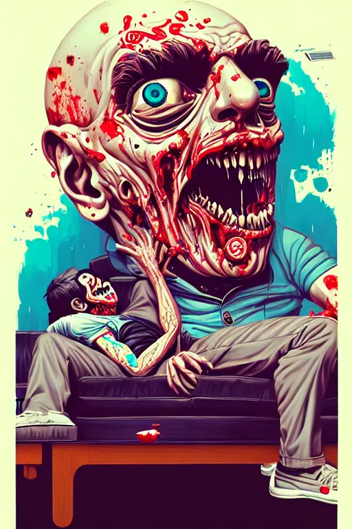 Prompt: a zombie dad sitting on the couch and watching tv, tristan eaton, victo ngai, artgerm, rhads, ross draws