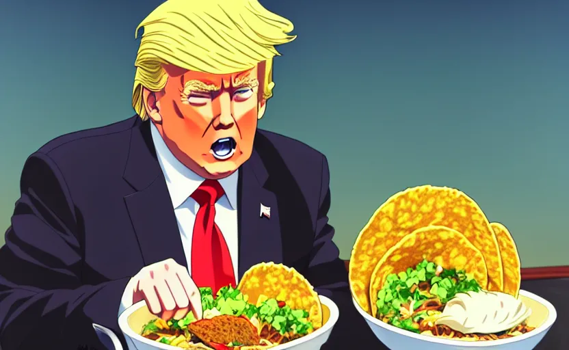 Prompt: beautiful makoto shinkai anime style digital film still portrait of donald trump eating a taco bowl, 4 k, 8 k, hd, high resolution, highly detailed, intricate detail, ultra realistic faces, digital art, trending on artstation, your name, weathering with you