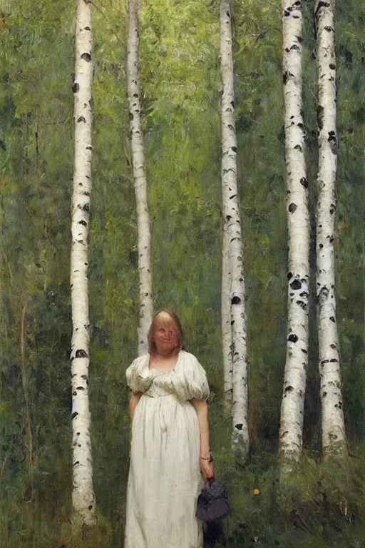 Prompt: “ italian woman, summer dress, standing between birch trees in a dense forest, jeremy lipking, joseph todorovitch ”