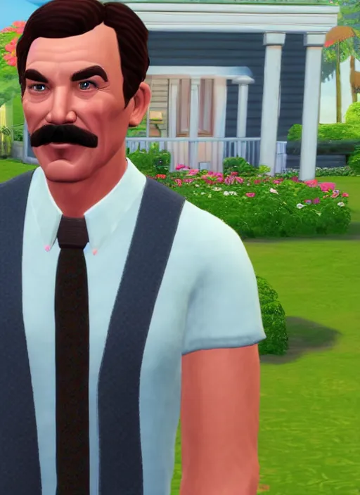 Prompt: film still of tom selleck as a sims character, gameplay, 8 k, hd