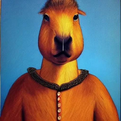 Image similar to sauve capybara wearing formal attire, portrait, painting, vivid colours, Renaissance, detail, da vinci