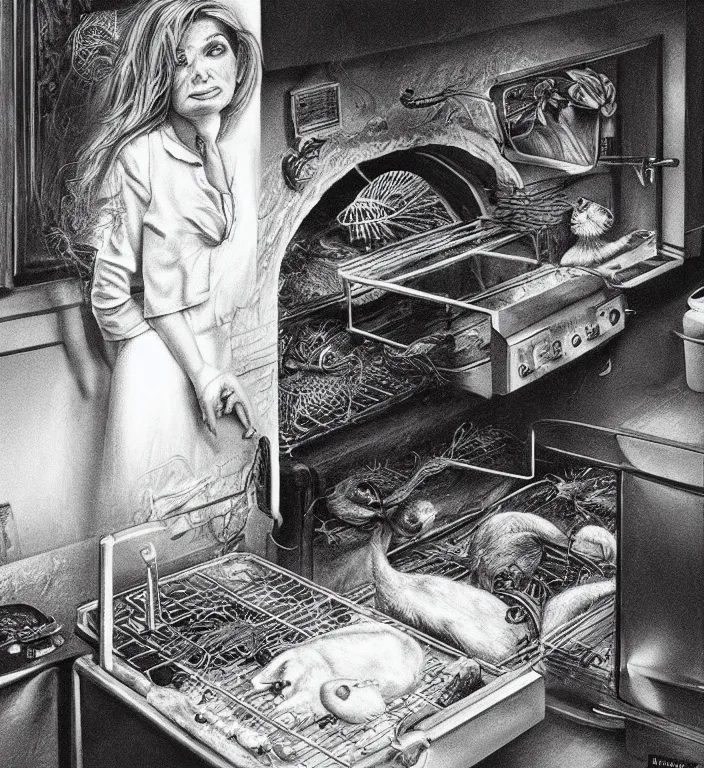 Image similar to black and white photo of a beauty woman puts a big rat in the oven 90s by Laurie Lipton, high detailed, realistic,dark surrealism, hyper detailed