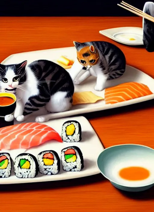 Image similar to clear photorealistic picture of adorable cats eating sushi