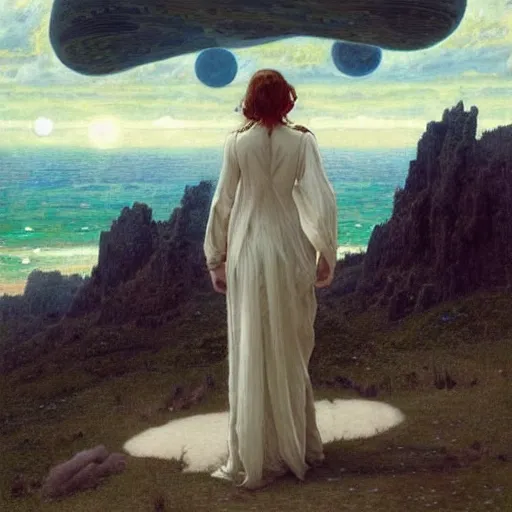 Prompt: epic wide angle view beautiful woman in a muslin dress watching from the Earth as a rogue planet looms on the horizon, by Edgar Maxence and Ross Tran and Michael Whelan