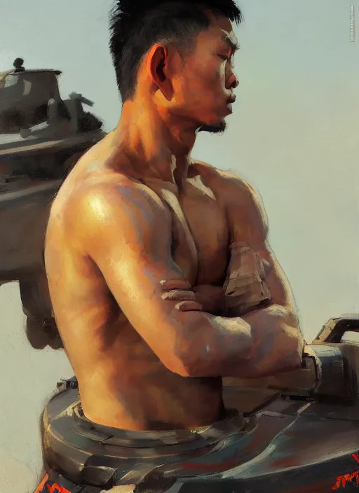 Image similar to greg manchess side portrait of a filipino mma fighter sitting on a tank, organic painting, sunny day, matte painting, bold shapes, hard edges, street art, trending on artstation, by huang guangjian, gil elvgren, ruan jia, randy vargas, greg rutkowski