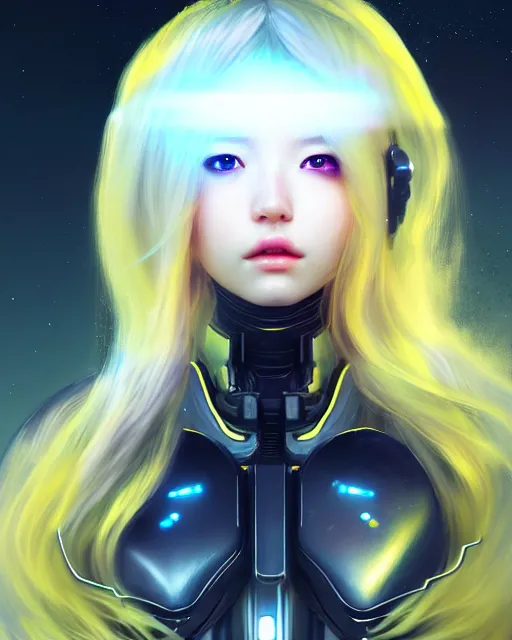 Prompt: perfect android girl family, full body character design, warframe armor, beautiful face, scifi, futuristic, galaxy, nebula, bae suzy, dreamy, long white hair!!!, yellow cyborg eyes, sharp focus, cinematic lighting, highly detailed, artstation, divine, by huifeng huang, smooth gradient.