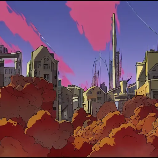 Image similar to anime screencap with destroyed city and bright red sky