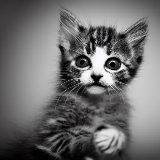 Prompt: a kitten, award winning black and white photography