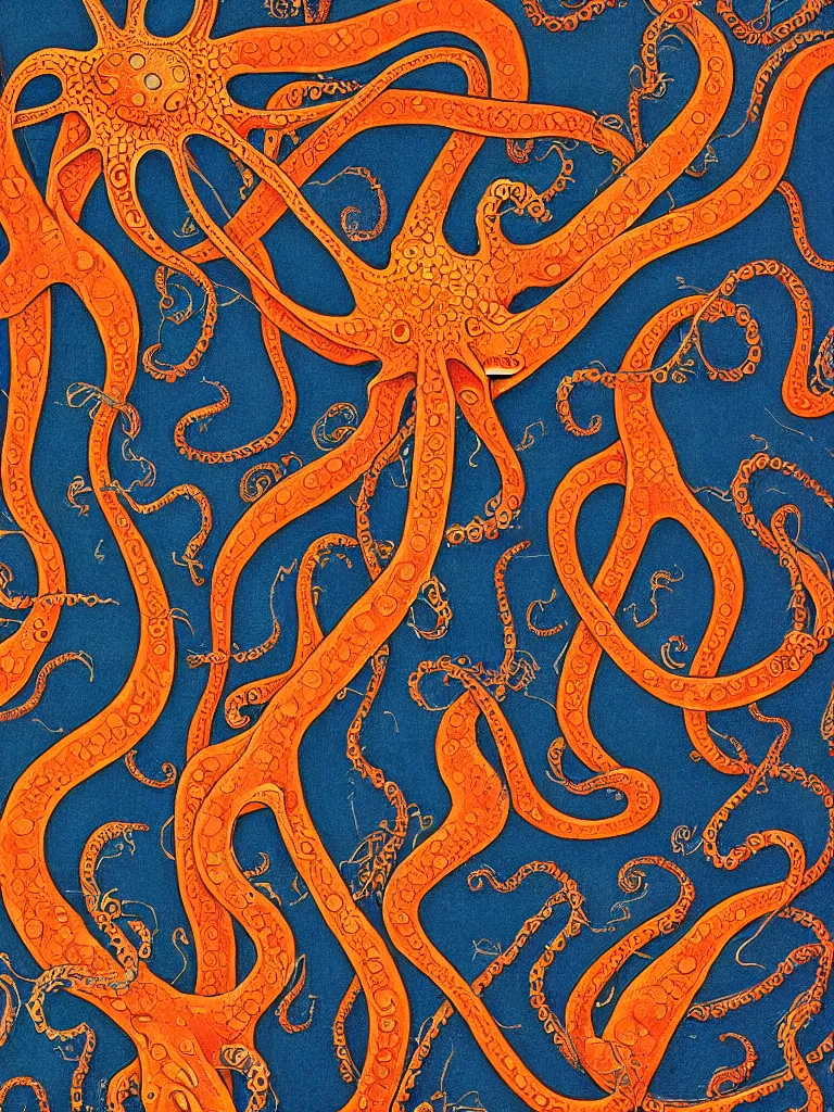 Image similar to a high detail book illustration of an neon orange octopus floating in the dark navy blue sky, symmetrical characteristics, fibonacci, biomechanical art by ernst haeckel