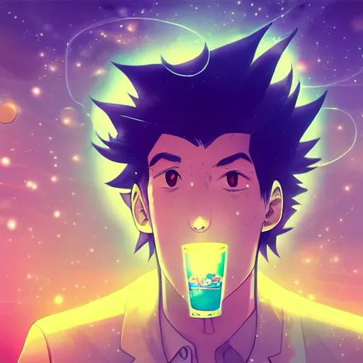 Prompt: A man drinking a cup of cosmic energy bright light, illustration, anime style, Artgerm, 4k, digital art, surreal, anime style, space dandy style, highly detailed, godsend, artstation, digital painting, concept art, smooth, sharp focus,