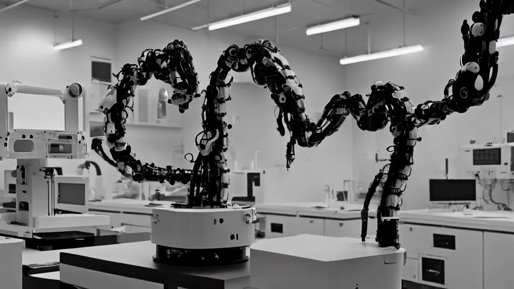 Image similar to a complex bifurcated robotic cnc surgical arm hybrid mri 3 d printer machine making black and white ceramic mutant forms in the laboratory inspection room, film still from the movie directed by denis villeneuve with art direction by salvador dali, wide lens