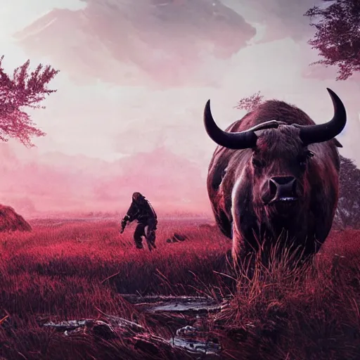 Prompt: epic scene, concept art by Maciej Kuciara, highly detailed, two black bull fight on pink a clearing with grass and a river