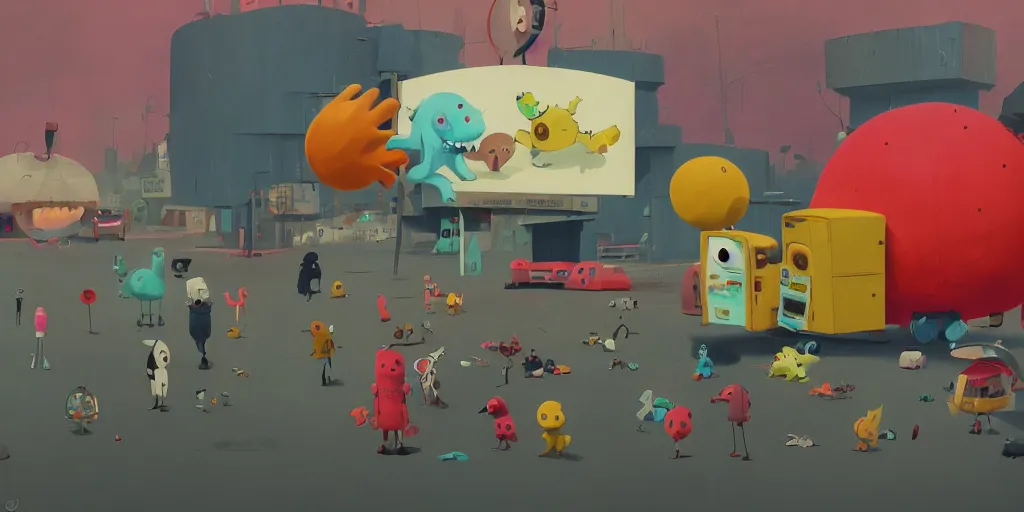 Prompt: cute cartoon monster at a drive in movie by goro fujita and simon stalenhag and wes anderson and alex andreev and chiho aoshima and beeple and banksy and kandinsky and magritte and basquiat and picasso, 8 k, trending on artstation, hyper detailed, cinematic