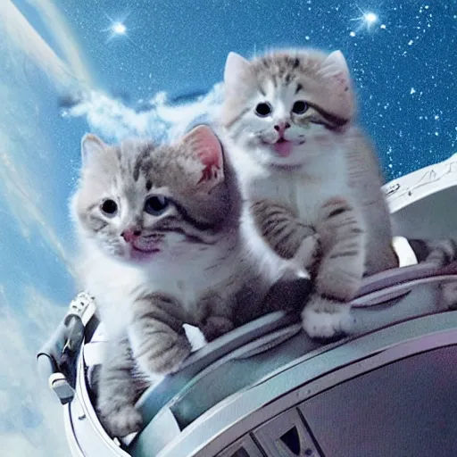 Image similar to astronaut kittens on the bridge of their spaceship, flying through space to the Webb telescope to play on it. Breathtaking high energy