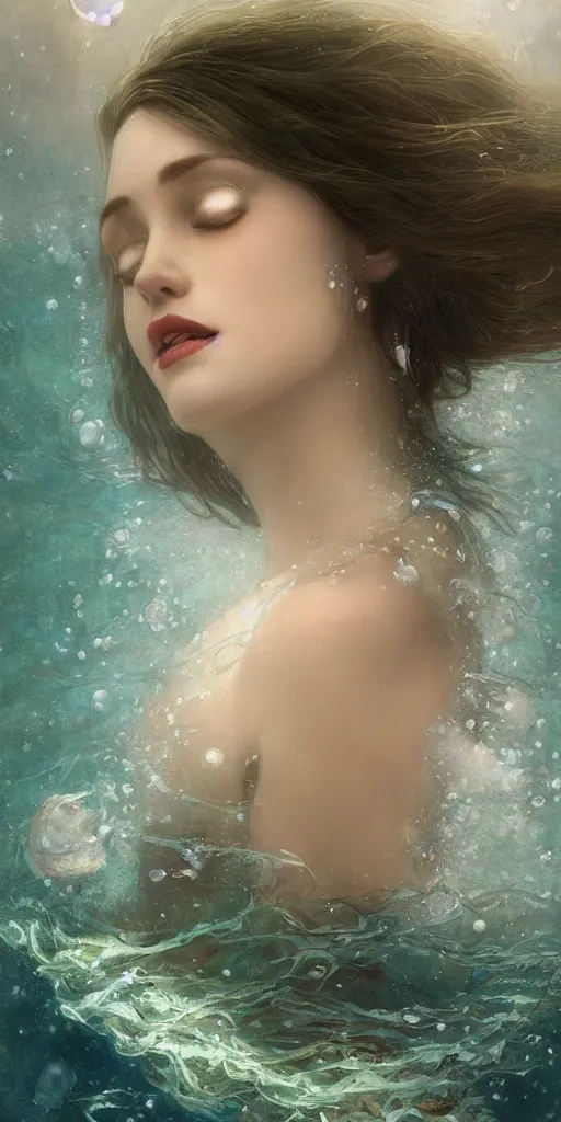 Image similar to hyper realist matte digital painting of a beautiful woman, beautiful face, underwater photography, full body, jugendstill, floating in water, flowing gown, bubbles rising, seaweed, headspace, fairytale, fantasy art, photo realistic, dynamic lighting, artstation, volumetric lighting, by mucha, by charlie bowater, by karol bak, by alma tadema