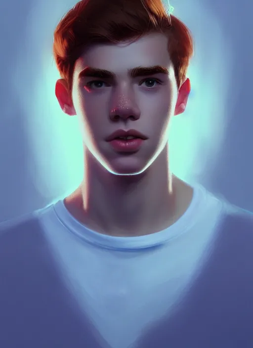 Image similar to portrait of teenage archie andrews, freckles, intricate, elegant, glowing lights, highly detailed, digital painting, artstation, concept art, smooth, sharp focus, illustration, art by wlop, mars ravelo and greg rutkowski