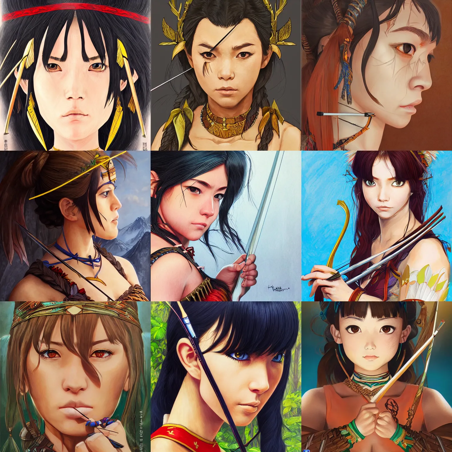 Prompt: Character portrait of an Amazon warrior drawing her bow, fantasy, beautiful face, highly detailed, acrylic paint, by Ilya Kuvshinov and Hayao Miyazaki and Kyoto Animation