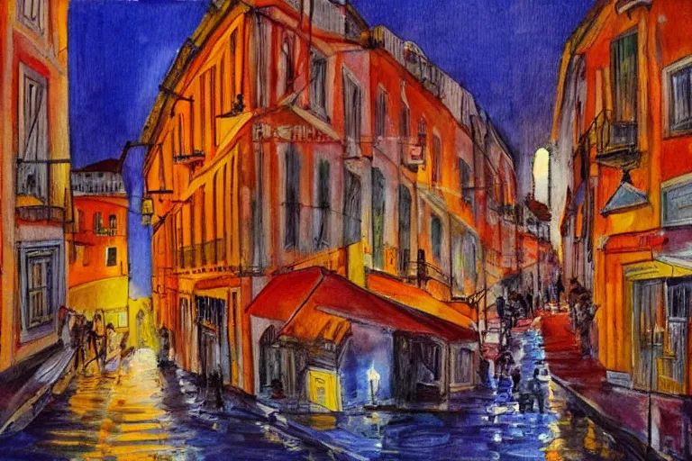 Image similar to lisbon city at night, art in the style of adriana molder