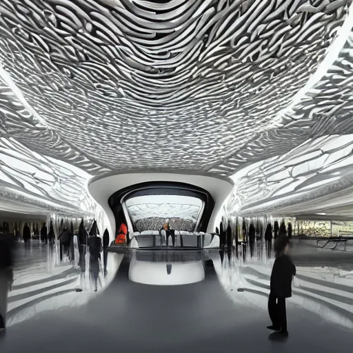 Image similar to extremely detailed ornate stunning beautiful elegant futuristic museum lobby interior by Zaha Hadid